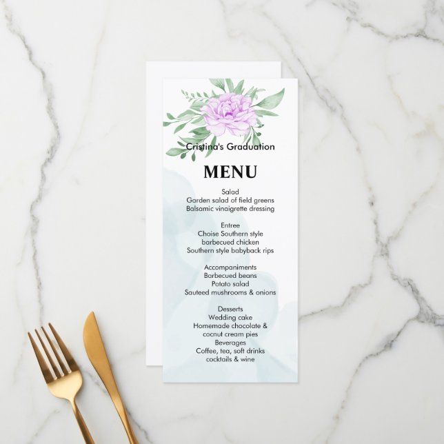 Purple Rose Eucalyptus Leaves Graduation Dinner Menu (Front/Back In Situ)