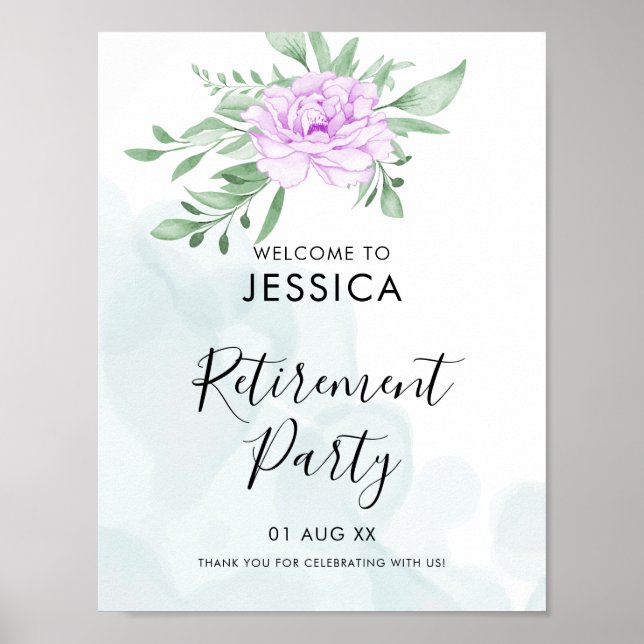 Purple Rose Eucalyptus Leaves Retirement Party Poster (Front)