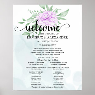 Purple Rose Eucalyptus Leaves Wedding Program Poster