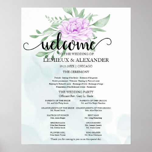 Purple Rose Eucalyptus Leaves Wedding Program Poster