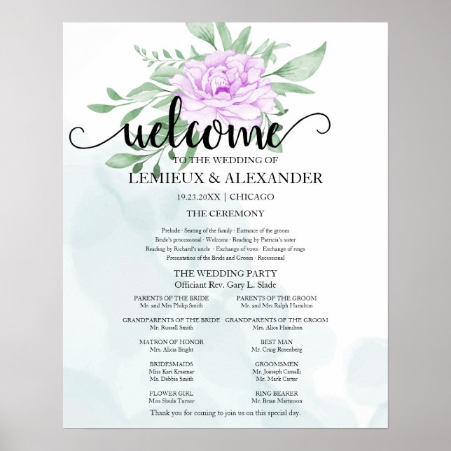 Purple Rose Eucalyptus Leaves Wedding Program Poster (Front)