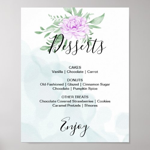 Purple Rose Eucalyptus Wedding Dessert Menu Sing Poster