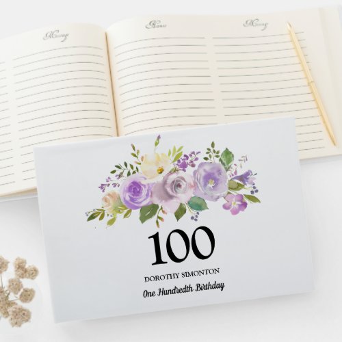 Purple Rose Floral 100th Birthday Party Guest Book