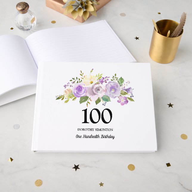 Purple Rose Floral 100th Birthday Party Guest Book (Front Open)
