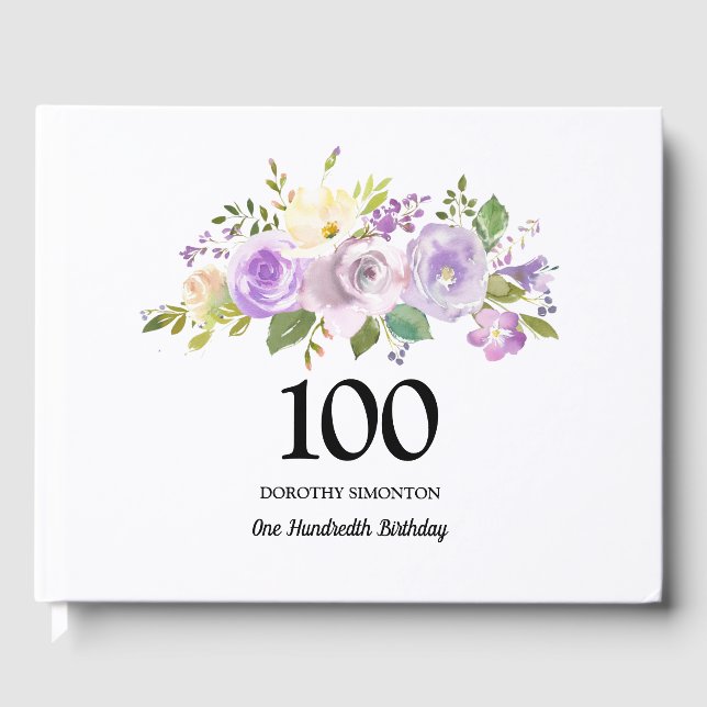 Purple Rose Floral 100th Birthday Party Guest Book (Front)