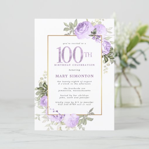 Purple Rose Floral 100th Birthday Party Invitation | Zazzle