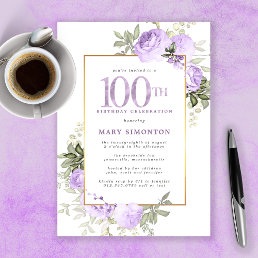 Purple Rose Floral 100th Birthday Party Invitation