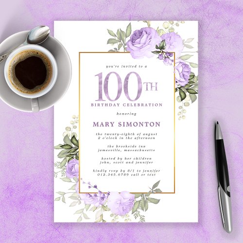 Purple Rose Floral 100th Birthday Party Invitation