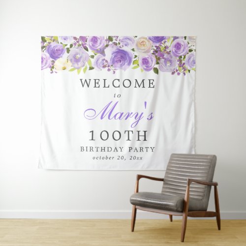 Purple Rose Floral 100th Birthday Party Tapestry