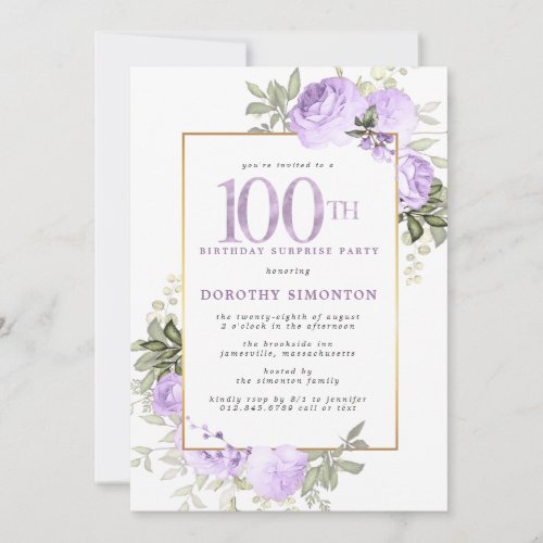 Purple Rose Floral 100th Birthday Surprise Party