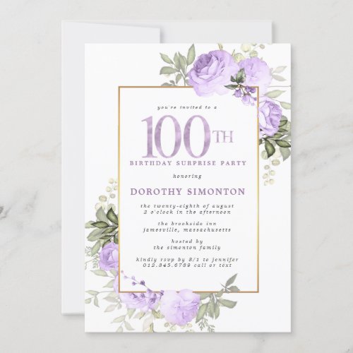 Purple Rose Floral 100th Birthday Surprise Party Invitation