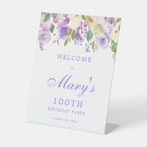Purple Rose Floral 100th Birthday Welcome Pedestal Sign