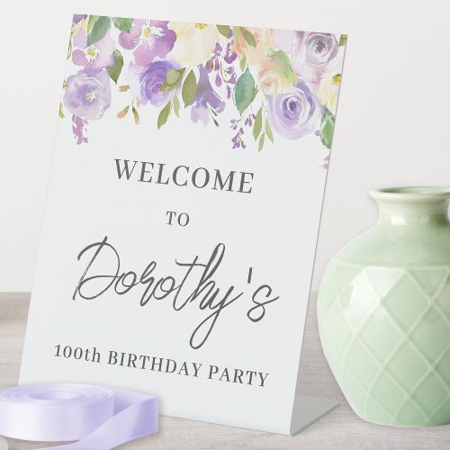 Purple Rose Floral 100th Birthday Welcome Pedestal Sign