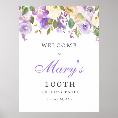 Purple Rose Floral 100th Birthday Welcome Sign