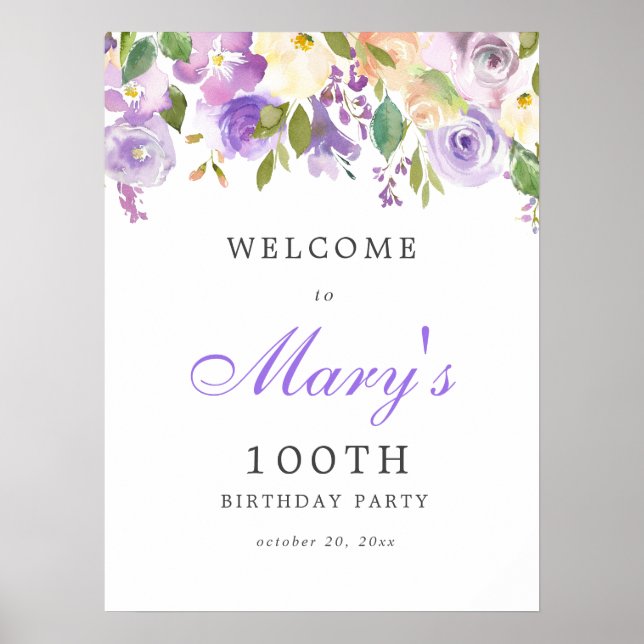 Purple Rose Floral 100th Birthday Welcome Sign (Front)