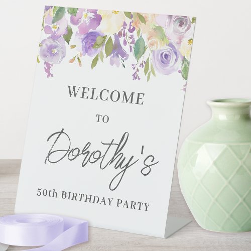 Purple Rose Floral 50th Birthday Welcome Pedestal Sign