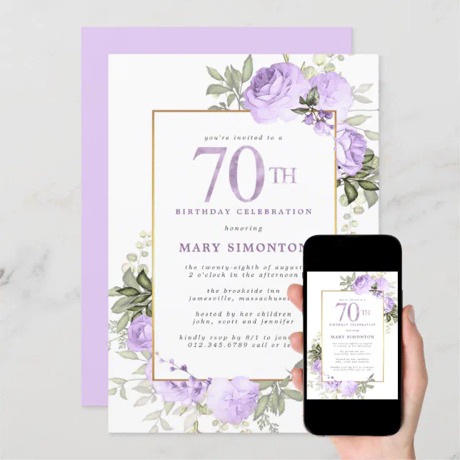 Purple Rose Floral 70th Birthday Party Invitation | Zazzle