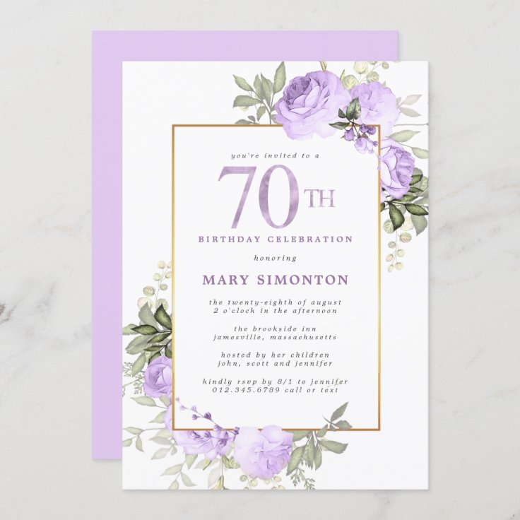 Purple Rose Floral 70th Birthday Party Invitation | Zazzle