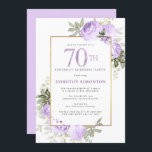 Purple Rose Floral 70th Birthday Party Invitation<br><div class="desc">Honor a special woman with this elegant and feminine 70th Birthday party invitation. 70th is written in large purple text. Birthday Surprise Party celebration follows. The honored guest's name is also in purple capital letters. The remainder of the text is soft dove grey. The 70th birthday celebration details are surrounded...</div>
