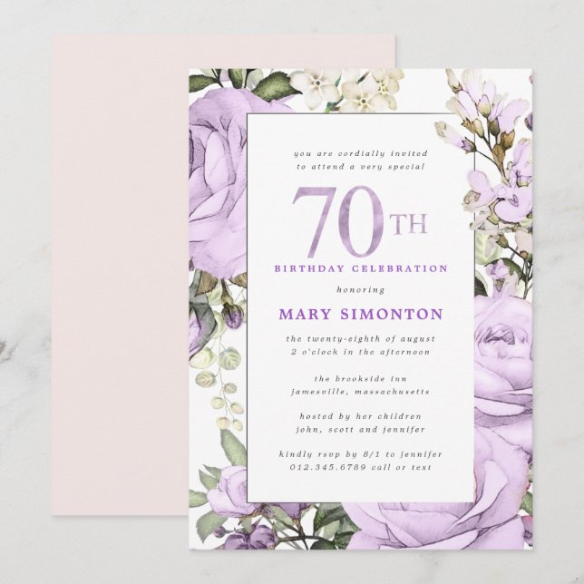 Purple Rose Floral 70th Birthday Party Invitation (Front/Back)