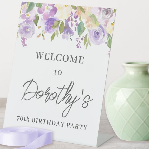 Purple Rose Floral 70th Birthday Welcome Pedestal Sign