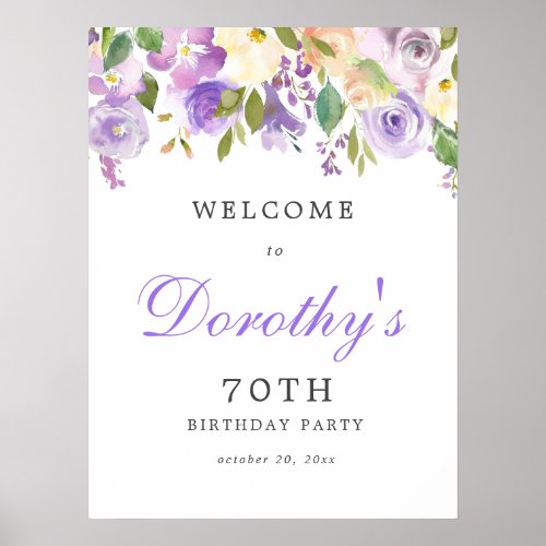 Purple Rose Floral 70th Birthday Welcome Sign