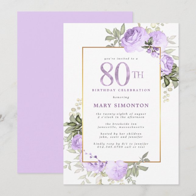 Purple Rose Floral 80th Birthday Party Invita Invitation (Front/Back)
