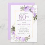 Purple Rose Floral 80th Birthday Party Invita Invitation<br><div class="desc">Honor a special woman with this elegant and feminine 80th Birthday party invitation. 80th is written in large purple text. Birthday celebration follows. The honored guest's name is also in purple capital letters. The remainder of the text is soft dove grey. The 80th birthday celebration details are surrounded by a...</div>