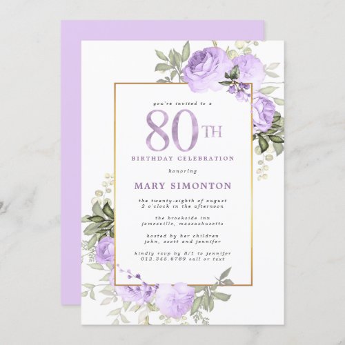 Purple Rose Floral 80th Birthday Party Invita Invitation