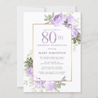 Purple Rose Floral 80th Birthday Party Invita Invitation | Zazzle