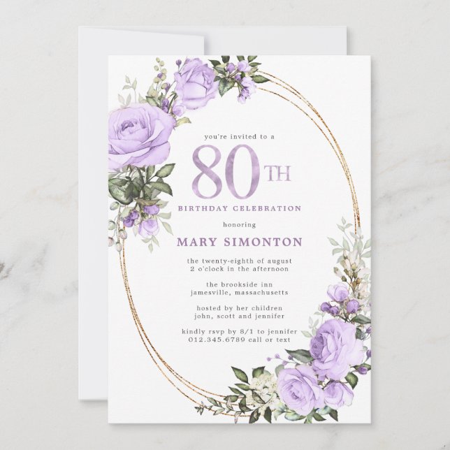 Purple Rose Floral 80th Birthday Party Invitation (Front)