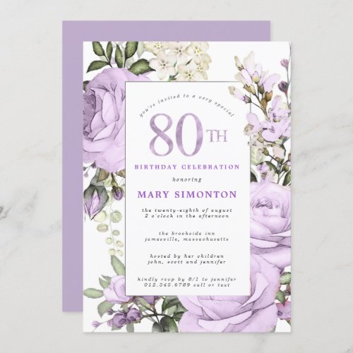 Purple Rose Floral 80th Birthday Party Invitation