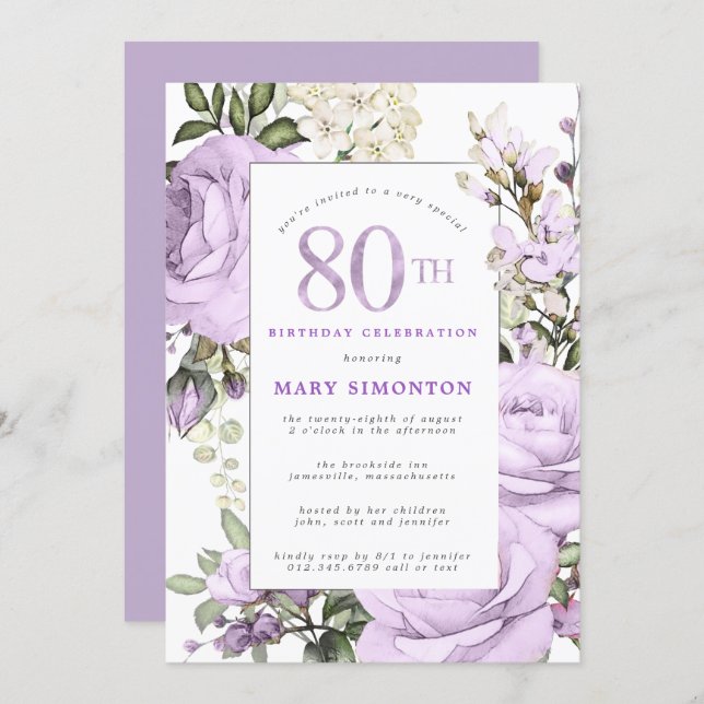Purple Rose Floral 80th Birthday Party Invitation (Front/Back)