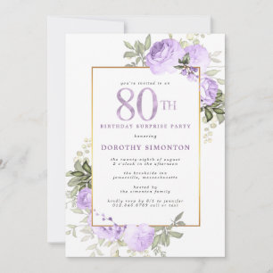 Purple Rose Floral 80th Birthday Surprise Party Invitation