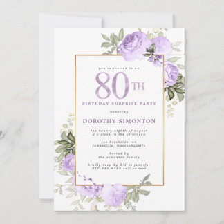 Purple Rose Floral 80th Birthday Surprise Party Invitation