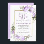 Purple Rose Floral 80th Birthday Surprise Party Invitation<br><div class="desc">Honor a special woman with this elegant and feminine 80th Birthday party invitation. 80th is written in large purple text. Birthday Surprise Party follows. The honored guest's name is also in purple capital letters. The remainder of the text is soft dove grey. The 80th birthday celebration details are surrounded by...</div>