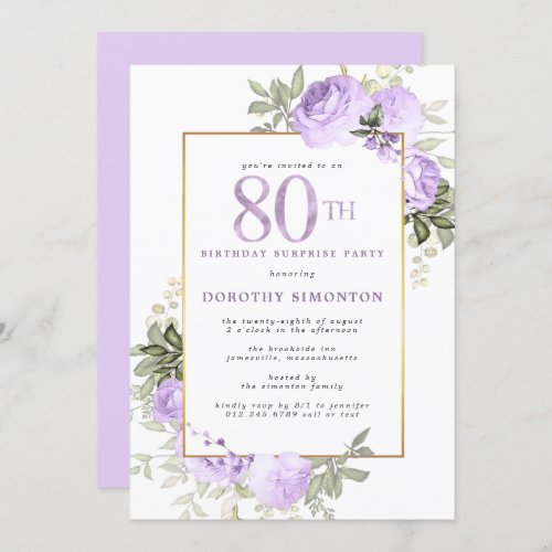 Purple Rose Floral 80th Birthday Surprise Party Invitation