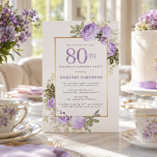 Purple Rose Floral 80th Birthday Surprise Party Invitation