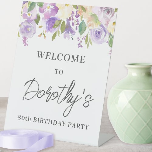Purple Rose Floral 80th Birthday Welcome Pedestal Sign