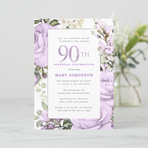 Purple Rose Floral 90th Birthday Party Invitation | Zazzle