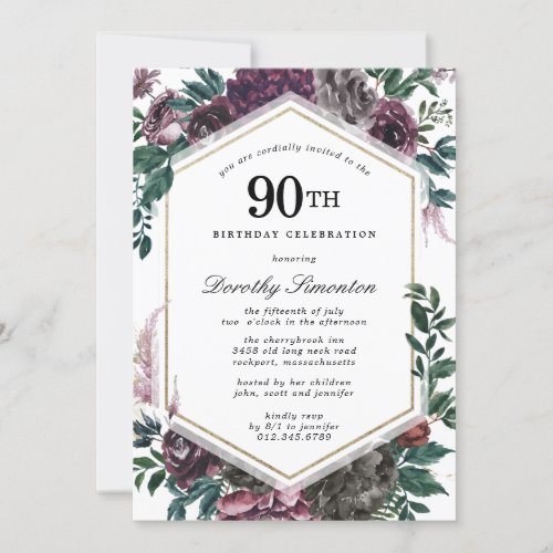 Purple Rose Floral 90th Birthday Party Invitation