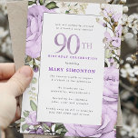 Purple Rose Floral 90th Birthday Party Invitation<br><div class="desc">Honor a special woman with this elegant and feminine 90th Birthday party invitation. 90th is written in large purple text. Birthday celebration follows. The honored guest's name is also in purple capital letters. The remainder of the text is soft dove grey. The birthday celebration details are surrounded by a chic...</div>