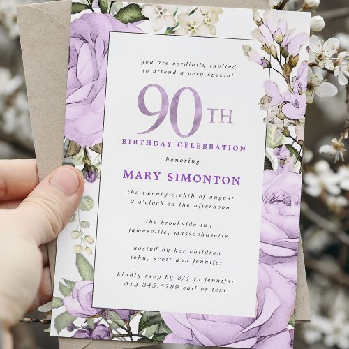 Purple Rose Floral 90th Birthday Party Invitation