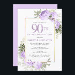 Purple Rose Floral 90th Birthday Surprise Party Invitation<br><div class="desc">Honor a special woman with this elegant and feminine 90th Birthday party invitation. 90th is written in large purple text. Birthday Surprise Party follows. The honored guest's name is also in purple capital letters. The remainder of the text is soft dove grey. The 90th birthday celebration details are surrounded by...</div>