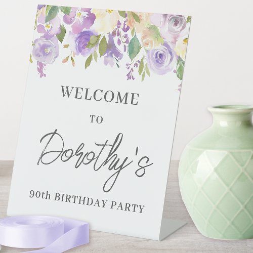 Purple Rose Floral 90th Birthday Welcome Pedestal Sign