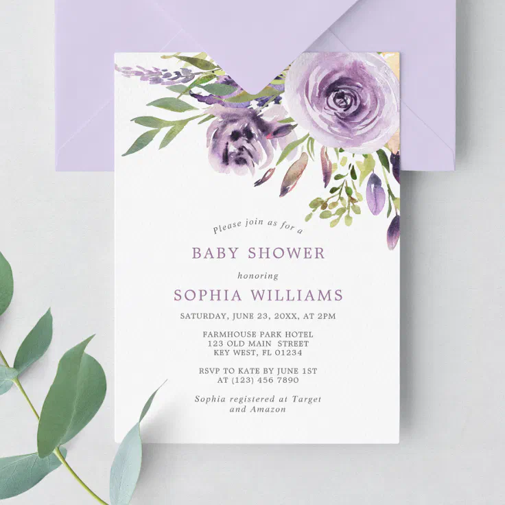 Purple Rose Floral Baby Shower Invitation Zazzle   Artofit