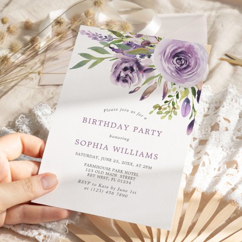 Purple Rose Floral Birthday Party Invitation