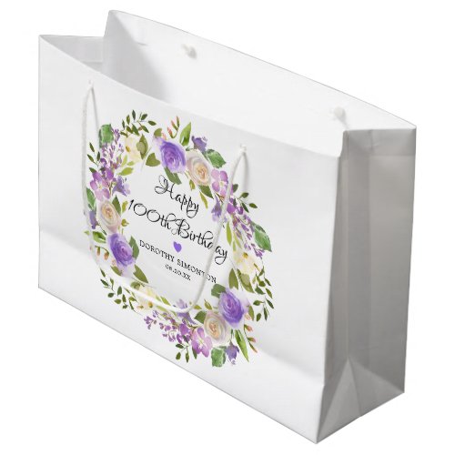 Purple Rose Floral Botanical Wreath 100th Birthday Large Gift Bag