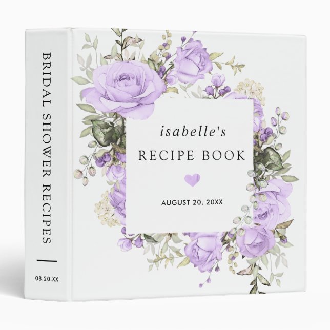 Purple Rose Floral Bridal Shower Recipe Book 3 Ring Binder (Front/Spine)