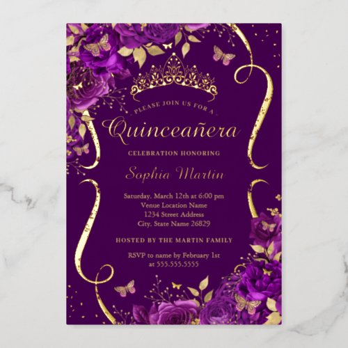 Purple Rose Floral Butterfly Tiara Quinceanera Foil Invitation